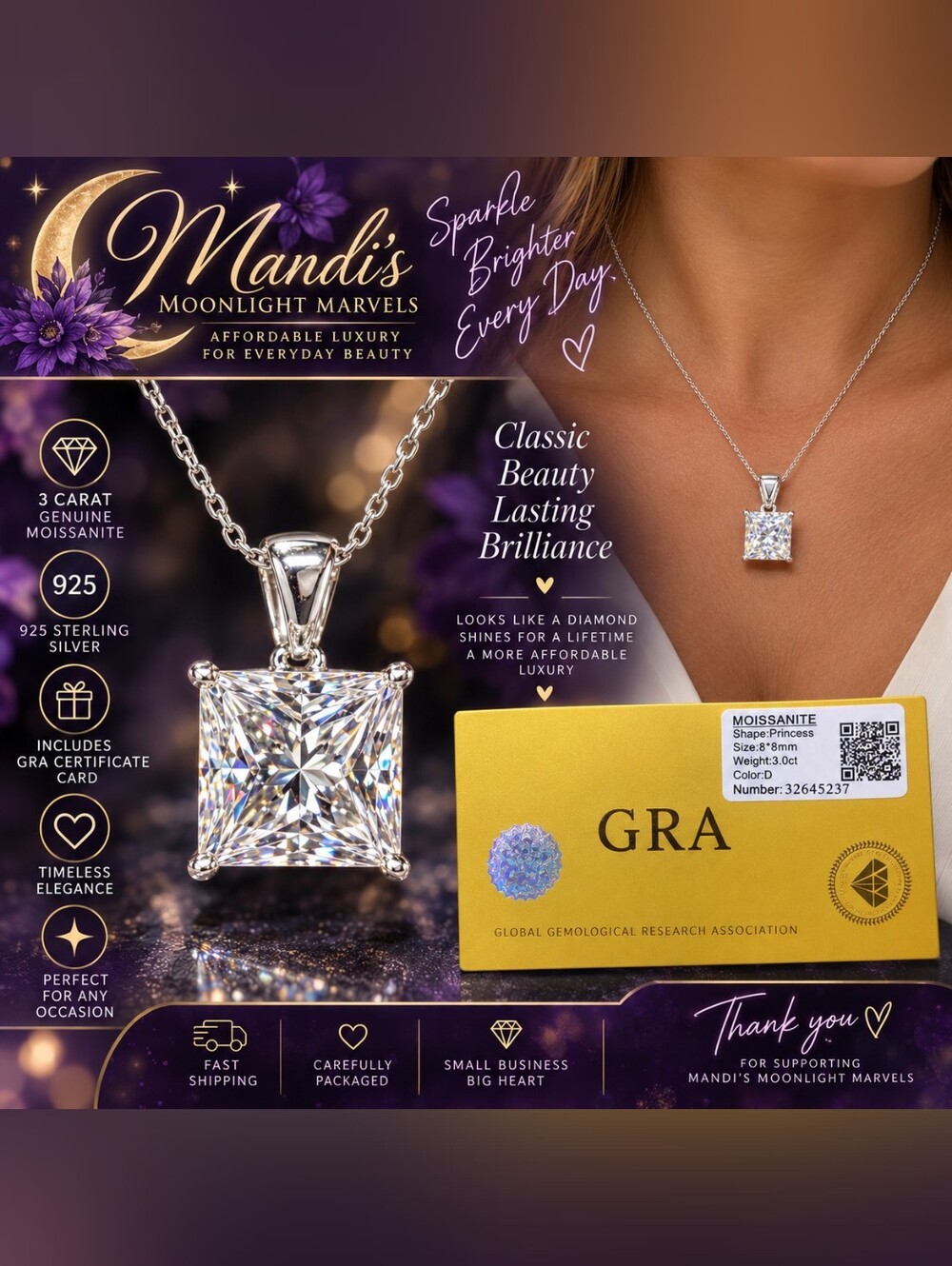 925 Sterling Silver 3 Carat Princess-Cut Moissanite Pendent